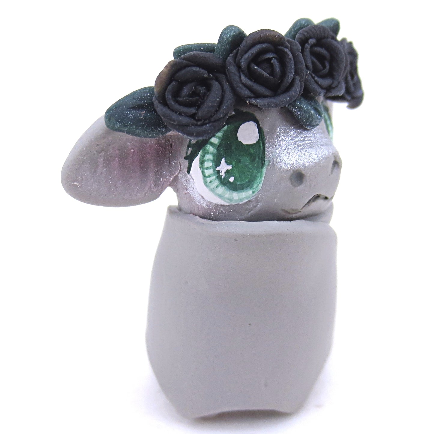 Black Rose Crown Grey Bat Figurine - Polymer Clay Animals