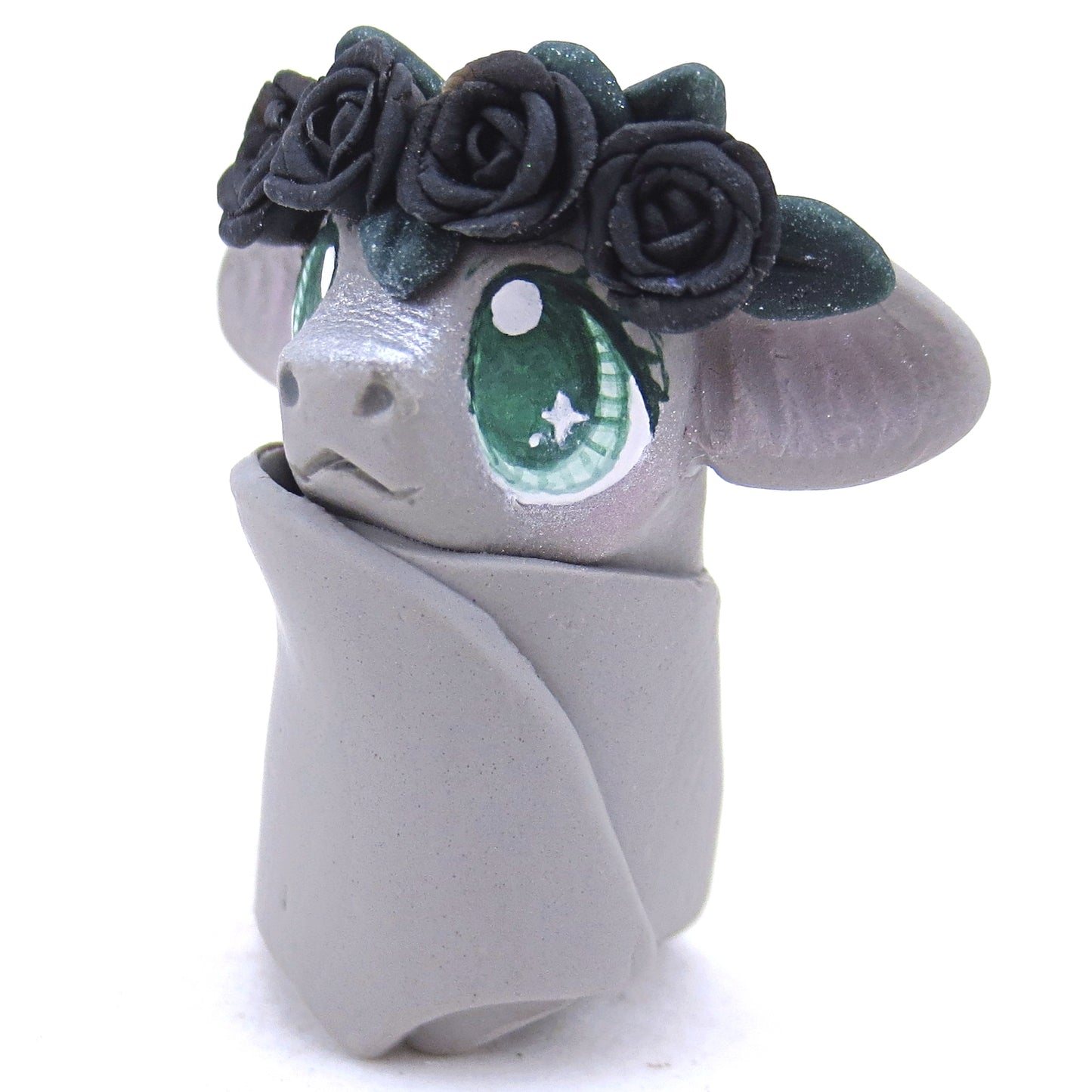 Black Rose Crown Grey Bat Figurine - Polymer Clay Animals