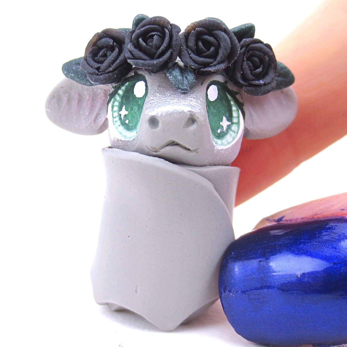 Black Rose Crown Grey Bat Figurine - Polymer Clay Animals