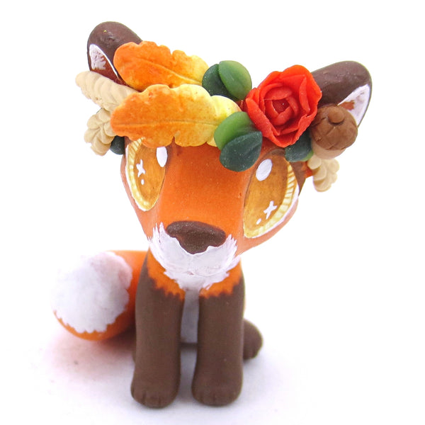 Fall Flower Crown Red Fox with Amber Eyes Figurine - Polymer Clay Fall Animals