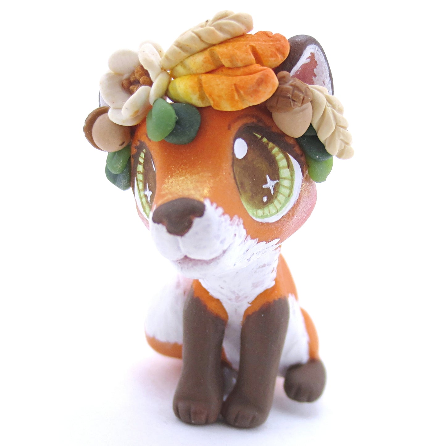 Red Fox with Fall Flower Crown Figurine - Polymer Clay Fall Animals