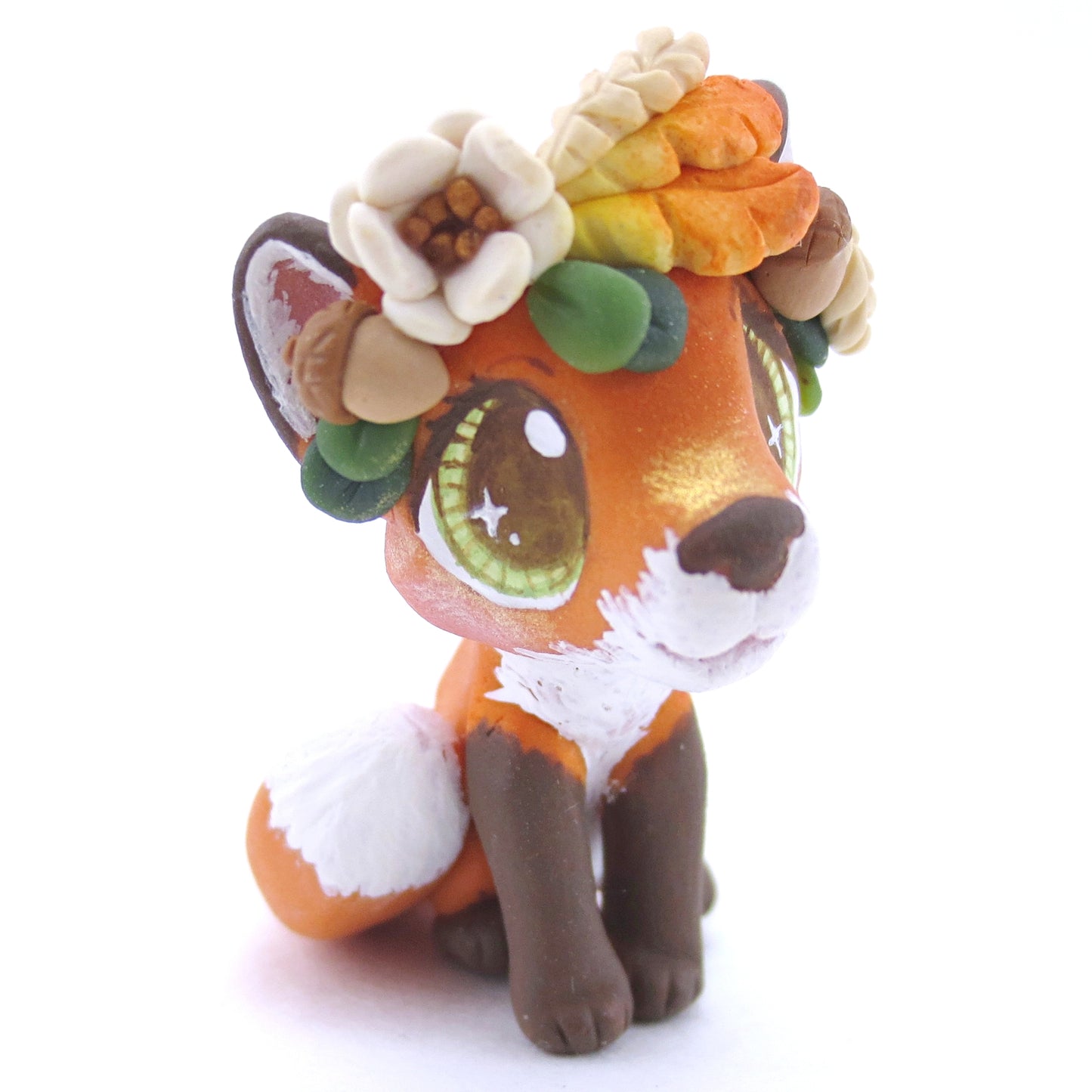 Red Fox with Fall Flower Crown Figurine - Polymer Clay Fall Animals