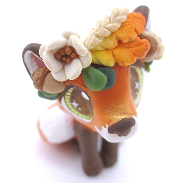 Red Fox with Fall Flower Crown Figurine - Polymer Clay Fall Animals