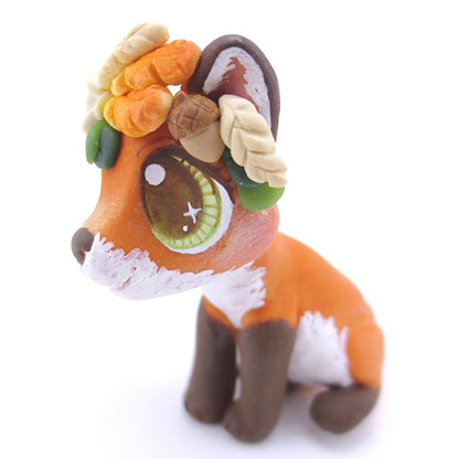 Red Fox with Fall Flower Crown Figurine - Polymer Clay Fall Animals