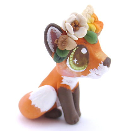 Red Fox with Fall Flower Crown Figurine - Polymer Clay Fall Animals