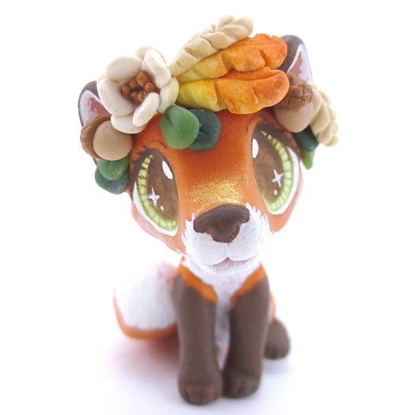 Red Fox with Fall Flower Crown Figurine - Polymer Clay Fall Animals