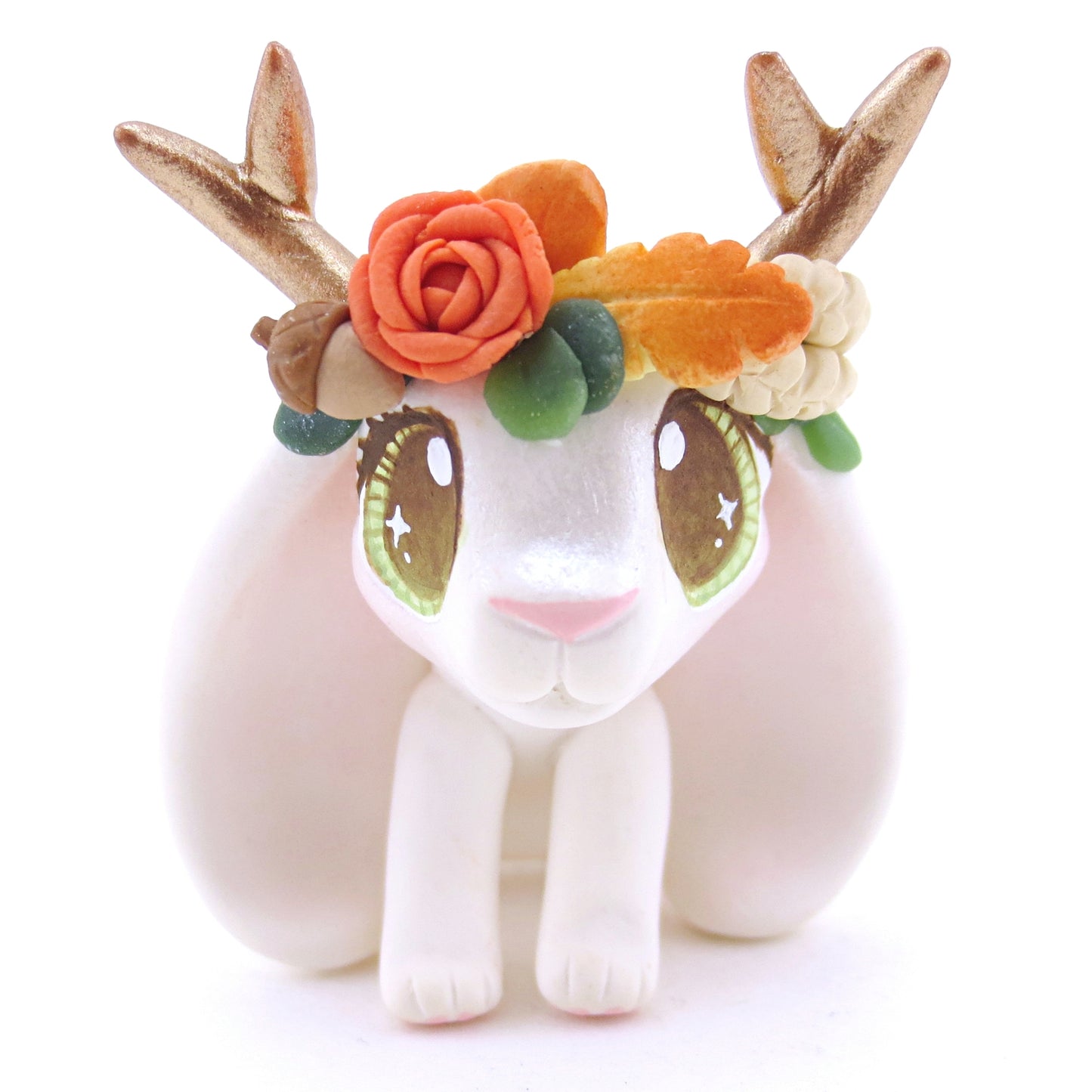 Jackalope with Hazel Eyes and Fall Flower Crown Figurine - Polymer Clay Fall Animals