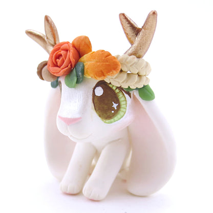 Jackalope with Hazel Eyes and Fall Flower Crown Figurine - Polymer Clay Fall Animals