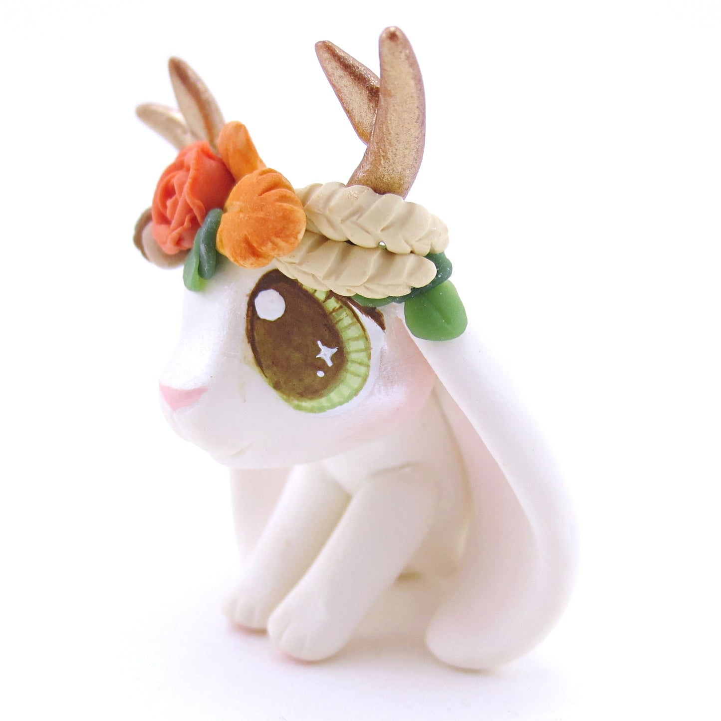 Jackalope with Hazel Eyes and Fall Flower Crown Figurine - Polymer Clay Fall Animals