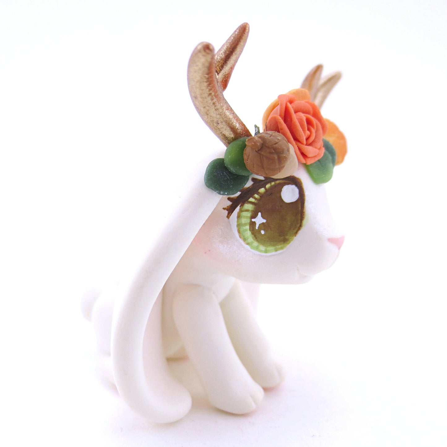 Jackalope with Hazel Eyes and Fall Flower Crown Figurine - Polymer Clay Fall Animals