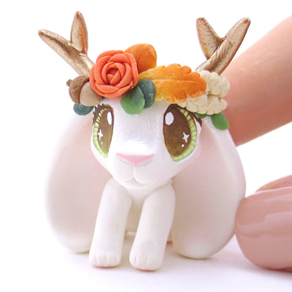 Jackalope with Hazel Eyes and Fall Flower Crown Figurine - Polymer Clay Fall Animals