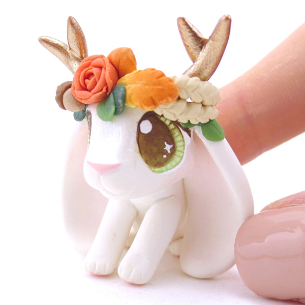 Jackalope with Hazel Eyes and Fall Flower Crown Figurine - Polymer Clay Fall Animals