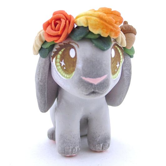 Grey Holland Lop with Fall Flower Crown Figurine - Polymer Clay Fall Animals