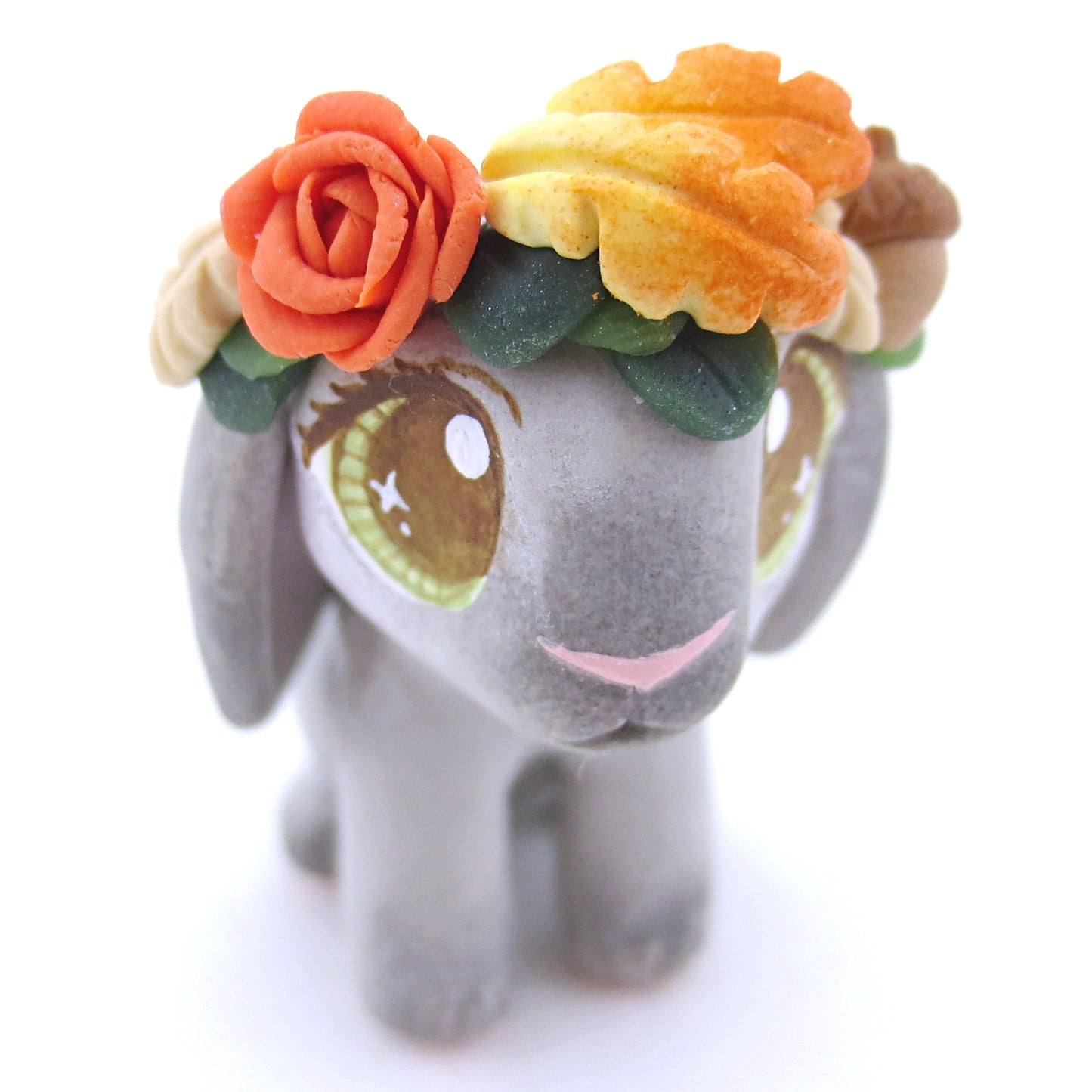 Grey Holland Lop with Fall Flower Crown Figurine - Polymer Clay Fall Animals