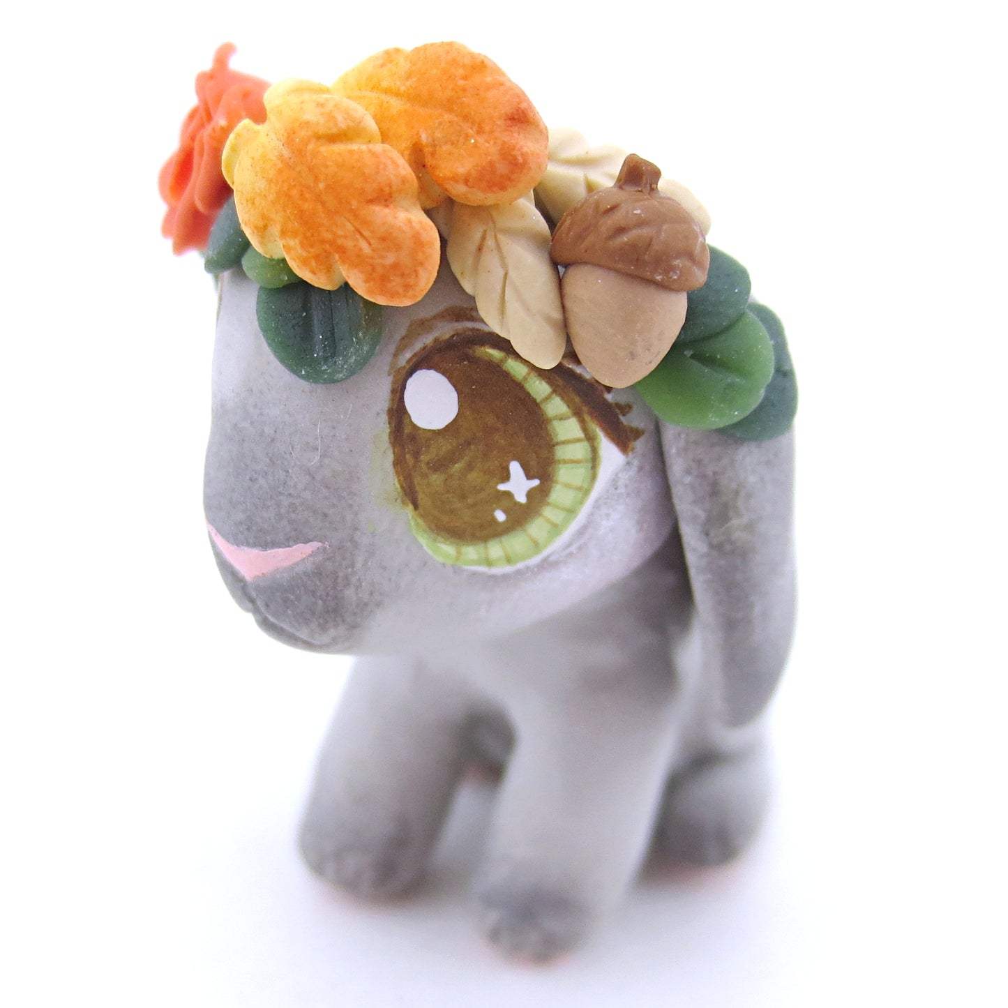 Grey Holland Lop with Fall Flower Crown Figurine - Polymer Clay Fall Animals