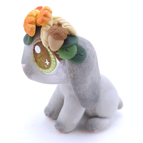 Grey Holland Lop with Fall Flower Crown Figurine - Polymer Clay Fall Animals