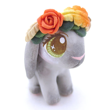 Grey Holland Lop with Fall Flower Crown Figurine - Polymer Clay Fall Animals