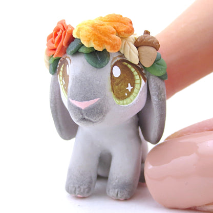 Grey Holland Lop with Fall Flower Crown Figurine - Polymer Clay Fall Animals