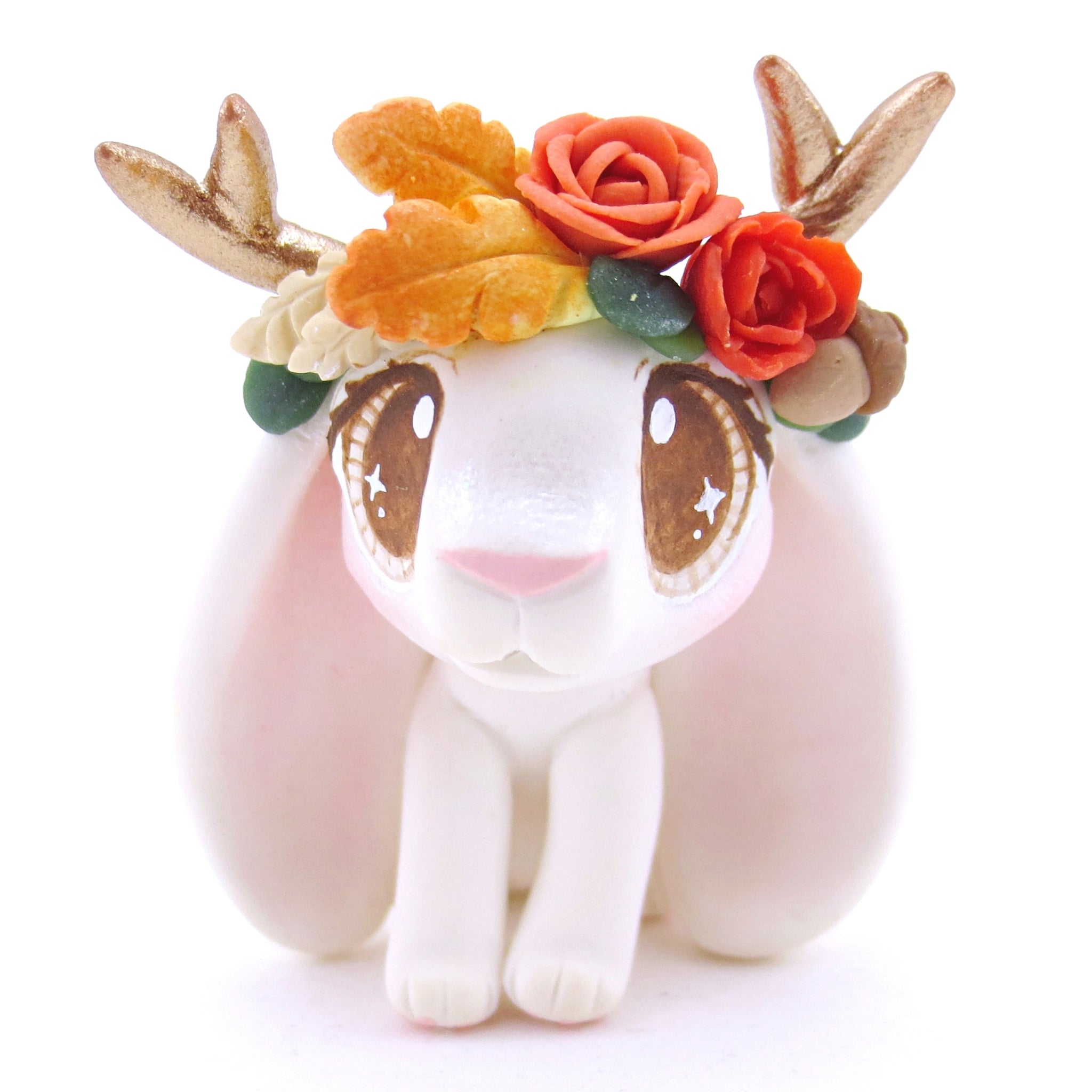 Jackalope with Brown Eyes and Fall Flower Crown Figurine - Polymer Clay Fall Animals