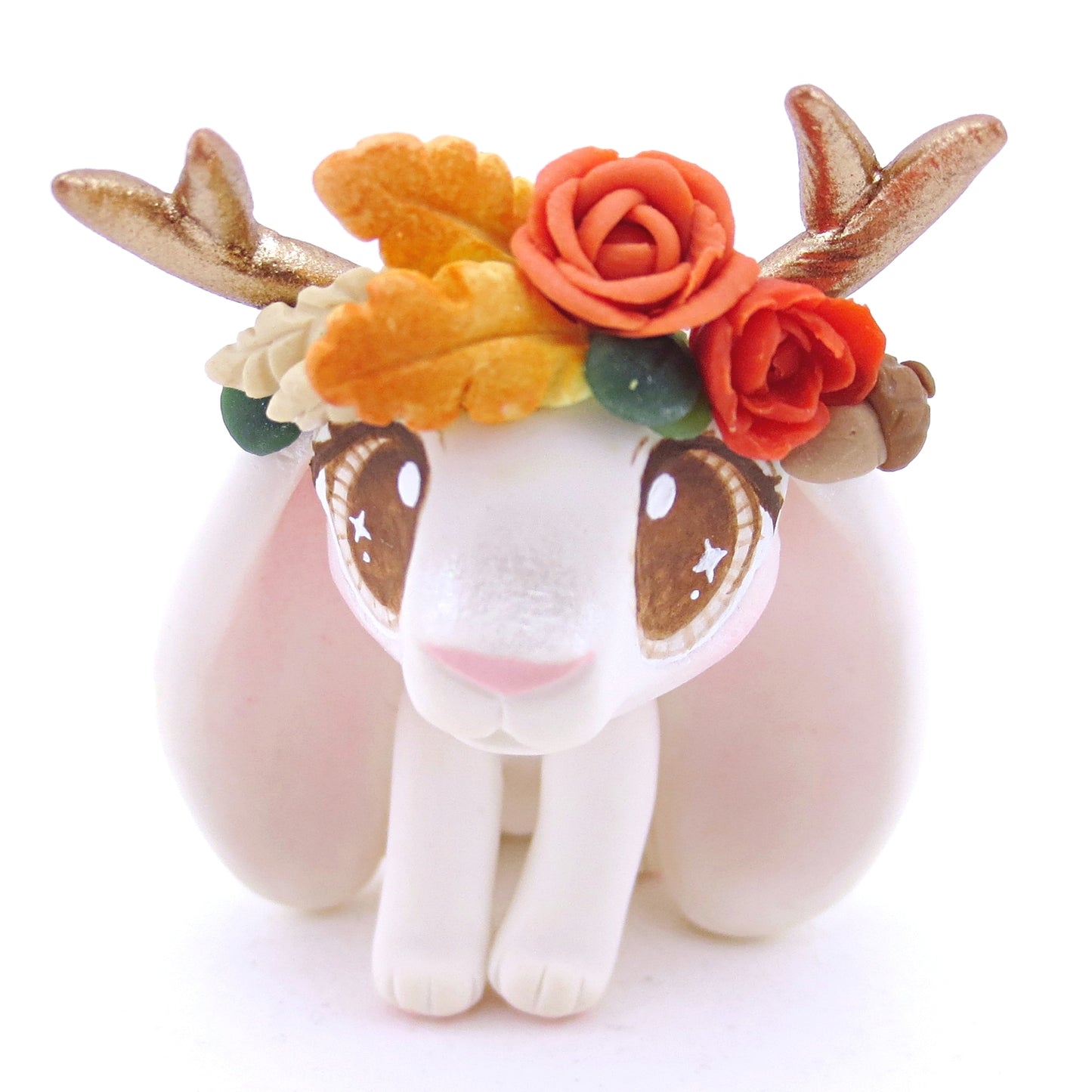 Jackalope with Brown Eyes and Fall Flower Crown Figurine - Polymer Clay Fall Animals