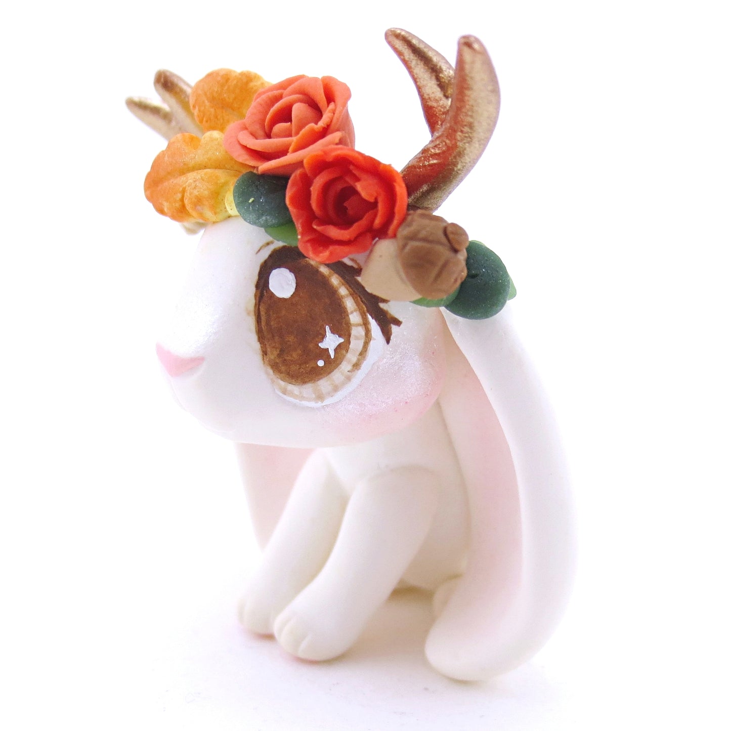 Jackalope with Brown Eyes and Fall Flower Crown Figurine - Polymer Clay Fall Animals