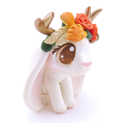 Jackalope with Brown Eyes and Fall Flower Crown Figurine - Polymer Clay Fall Animals