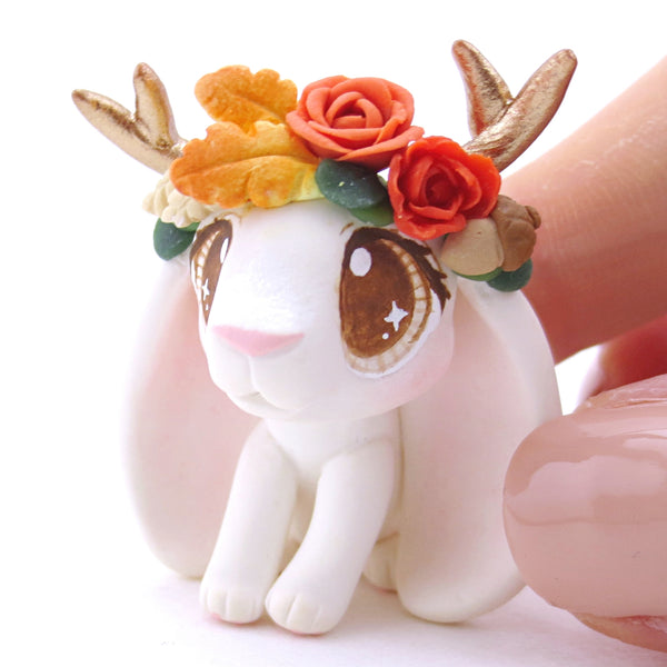 Jackalope with Brown Eyes and Fall Flower Crown Figurine - Polymer Clay Fall Animals