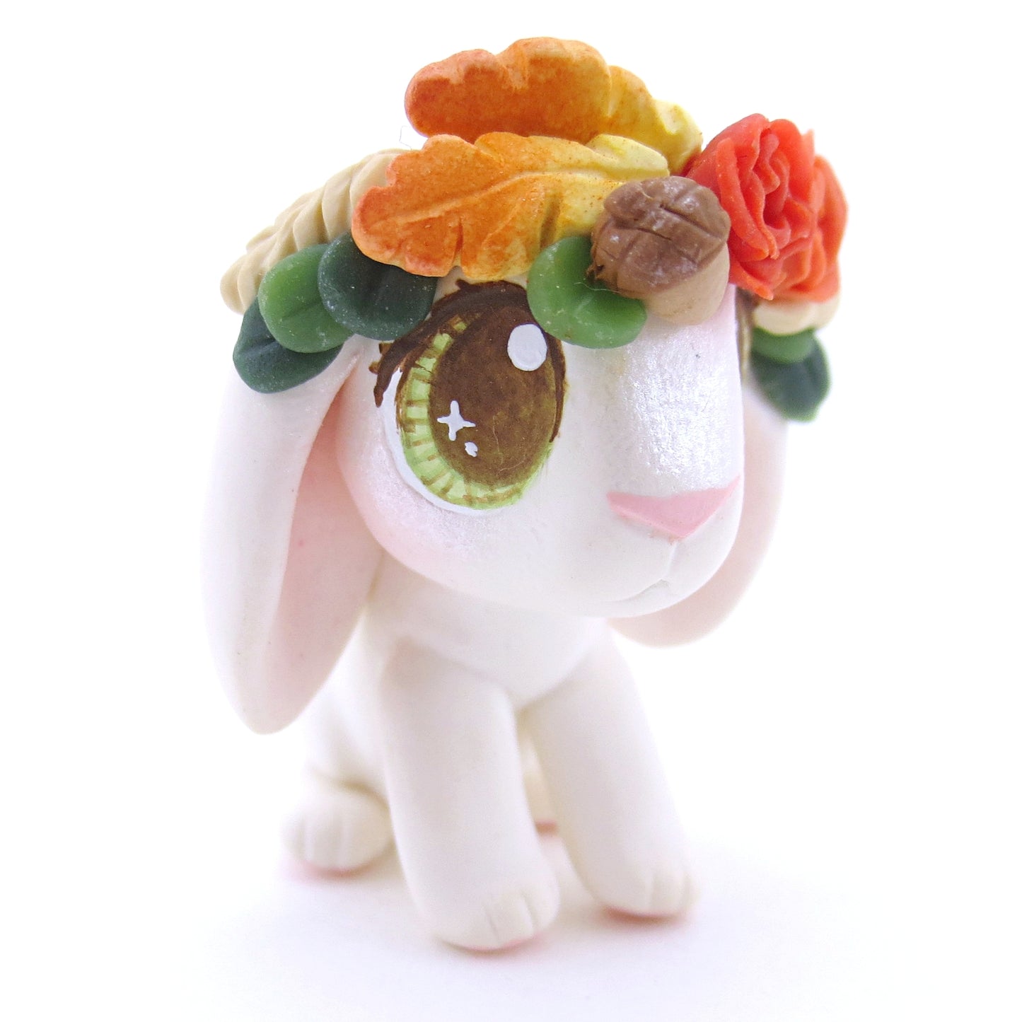 White Holland Lop with Fall Flower Crown Figurine - Polymer Clay Fall Animals