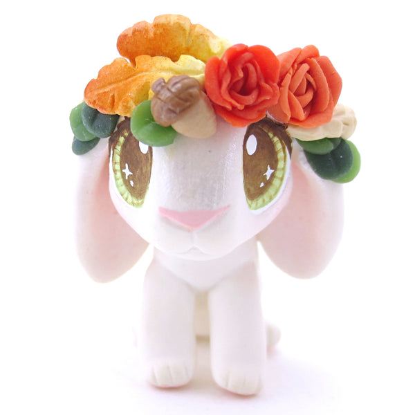 White Holland Lop with Fall Flower Crown Figurine - Polymer Clay Fall Animals