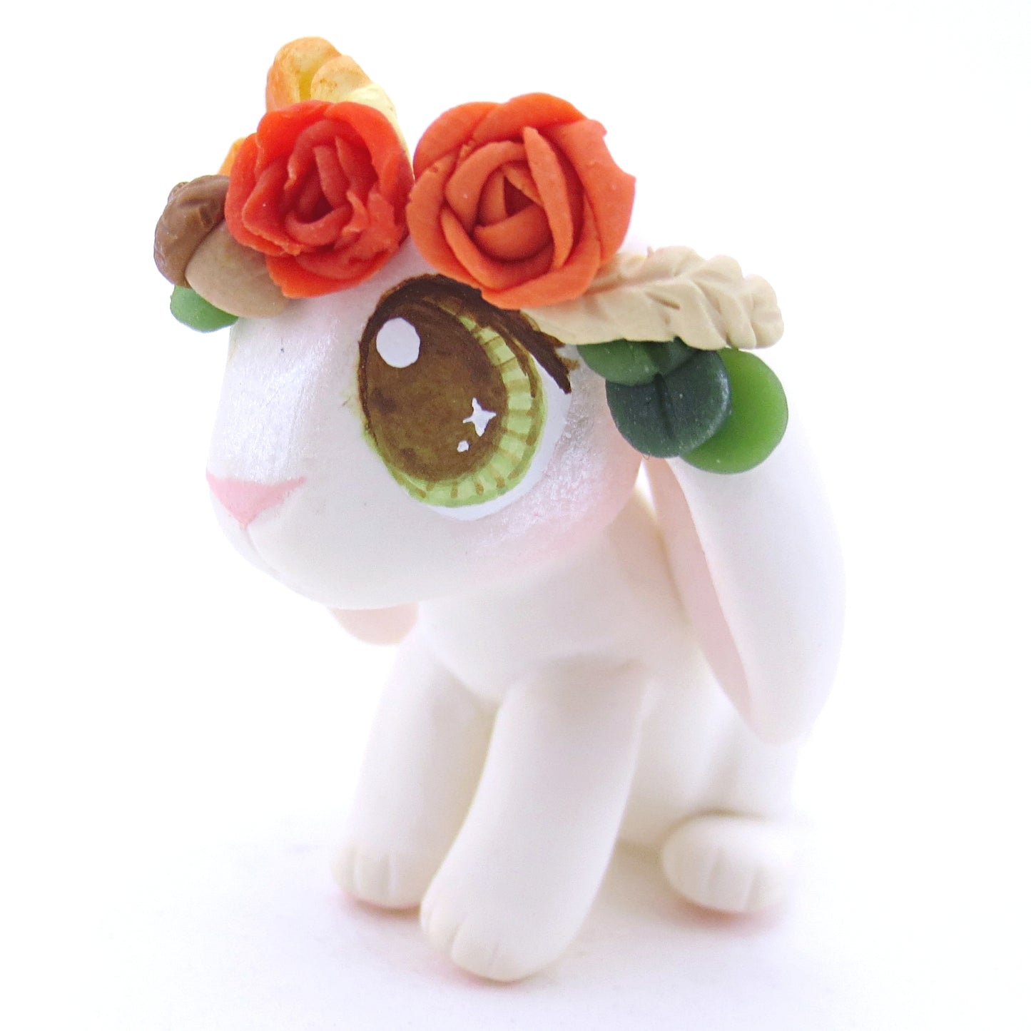 White Holland Lop with Fall Flower Crown Figurine - Polymer Clay Fall Animals