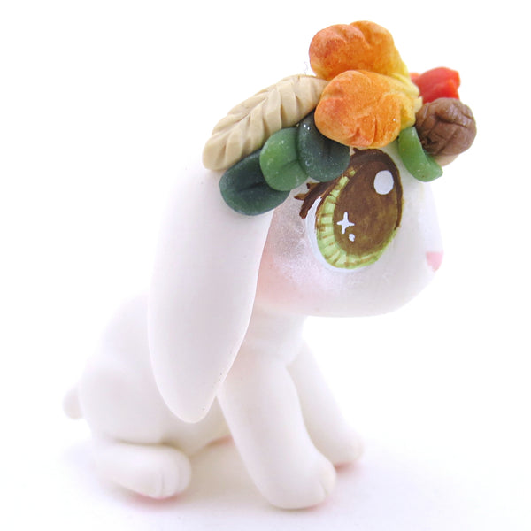 White Holland Lop with Fall Flower Crown Figurine - Polymer Clay Fall Animals