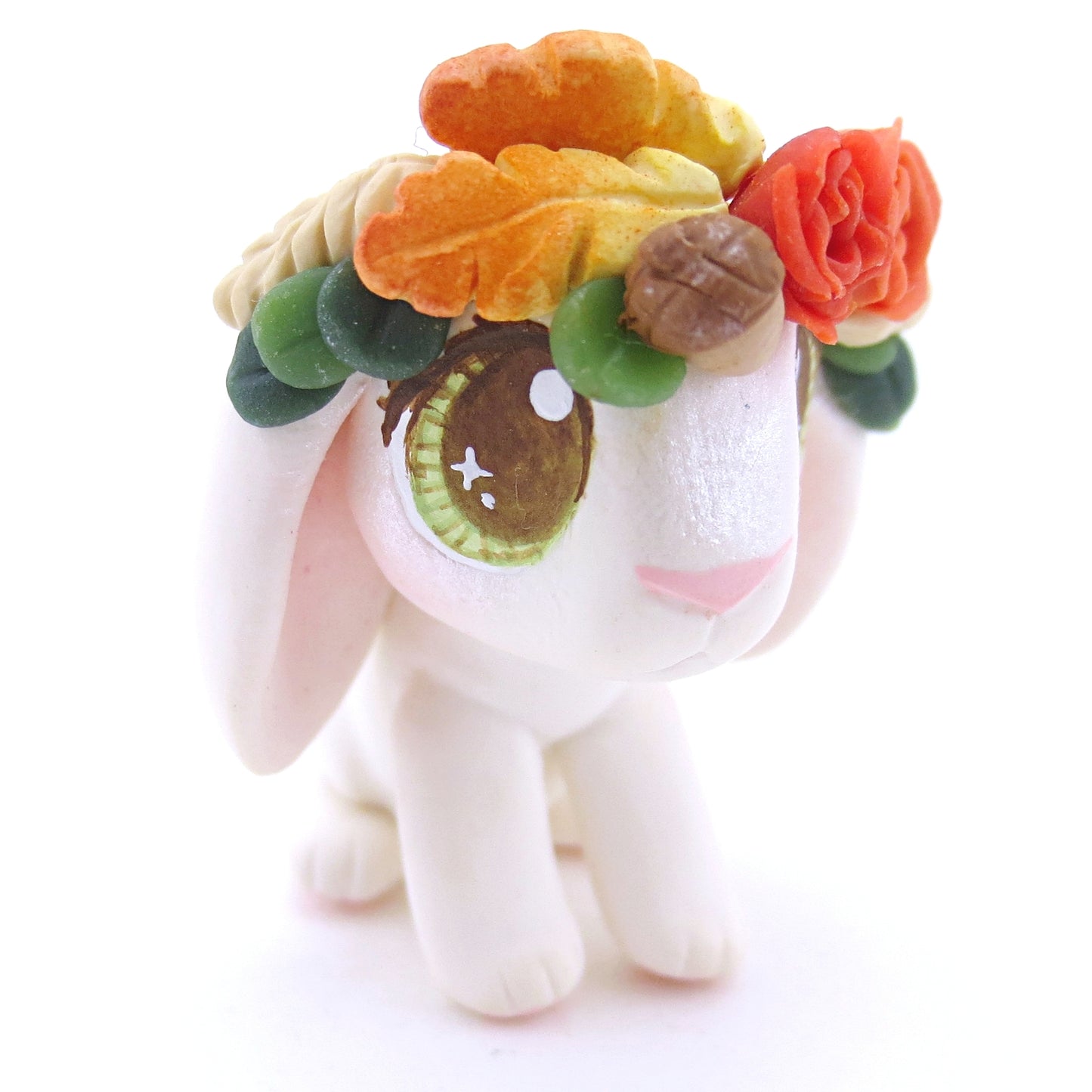 White Holland Lop with Fall Flower Crown Figurine - Polymer Clay Fall Animals