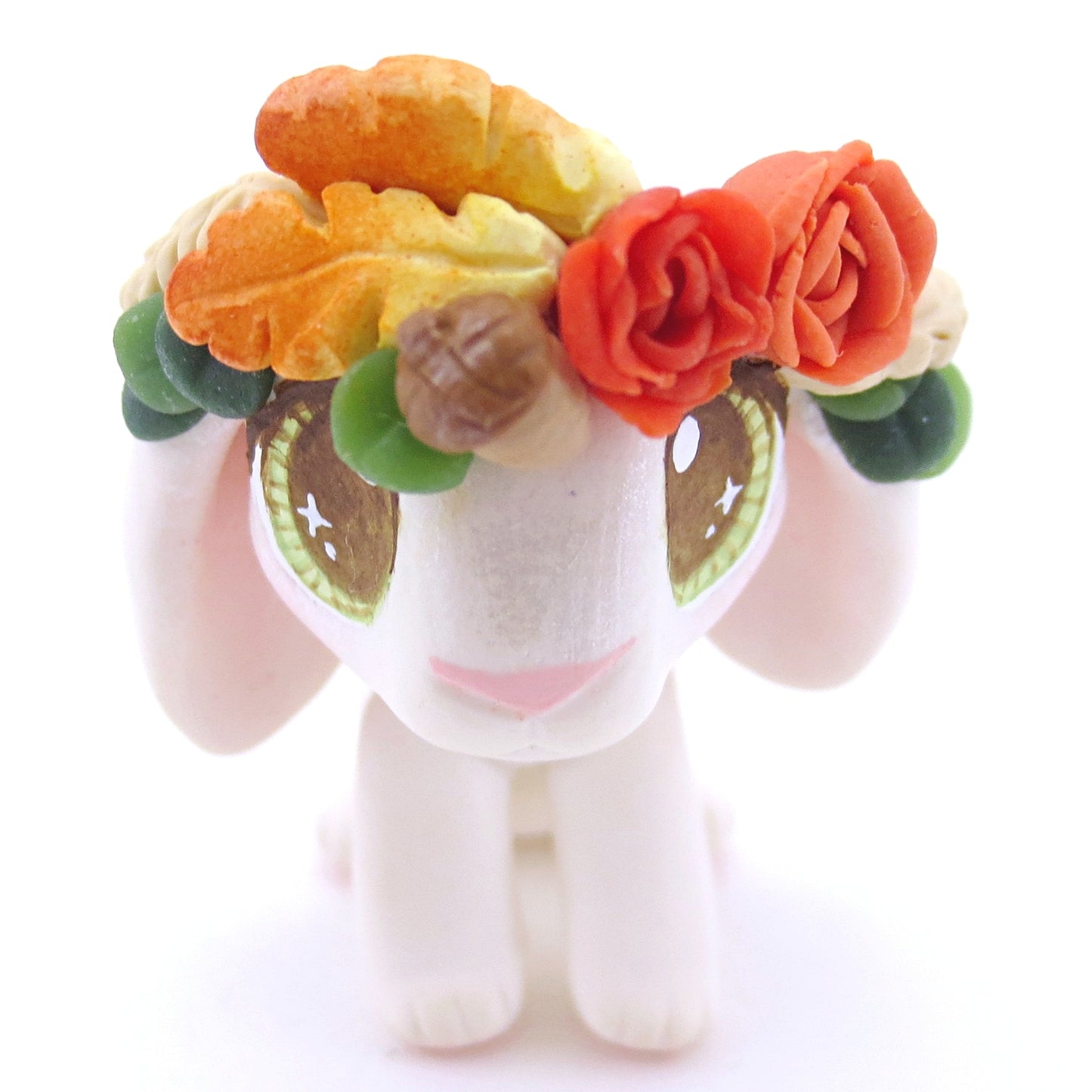 White Holland Lop with Fall Flower Crown Figurine - Polymer Clay Fall Animals