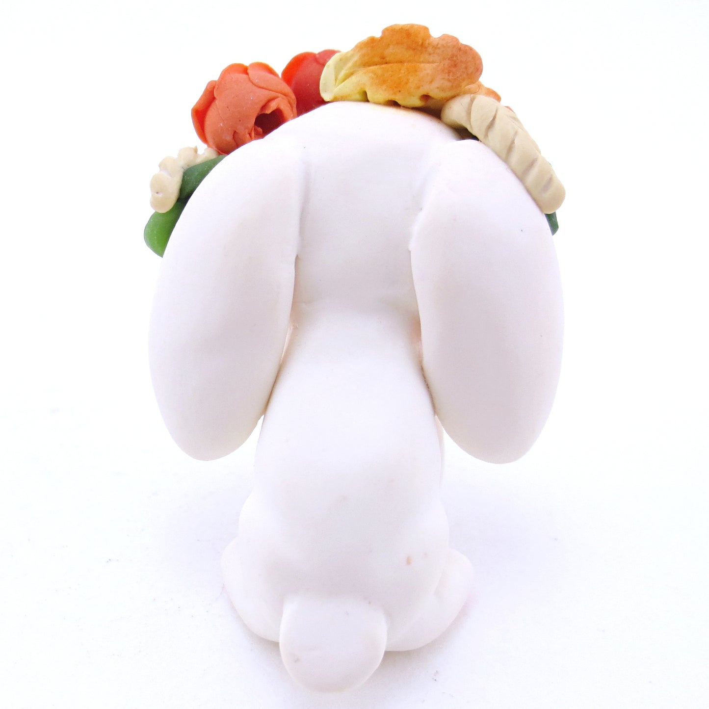 White Holland Lop with Fall Flower Crown Figurine - Polymer Clay Fall Animals