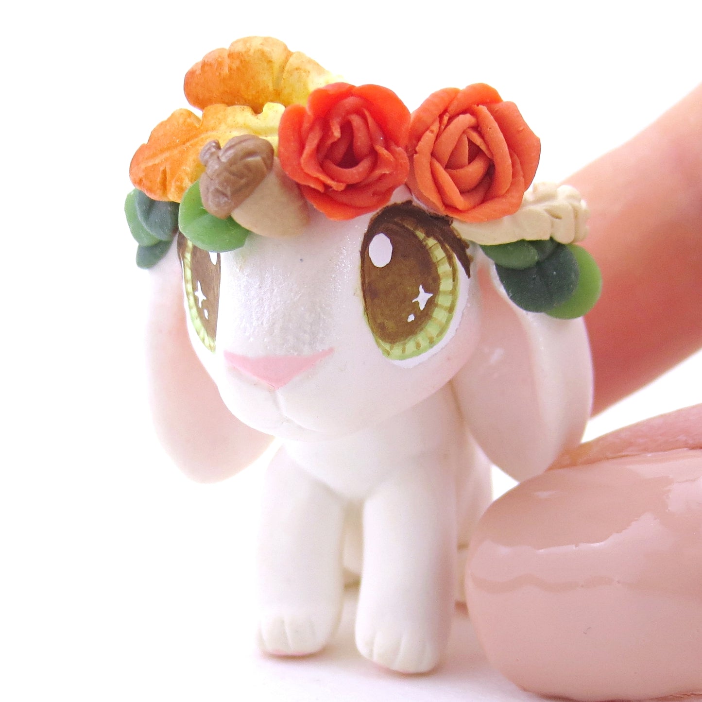 White Holland Lop with Fall Flower Crown Figurine - Polymer Clay Fall Animals