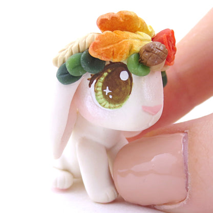 White Holland Lop with Fall Flower Crown Figurine - Polymer Clay Fall Animals