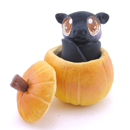 Baby Bat in Pumpkin Figurine - Polymer Clay Fall Animals