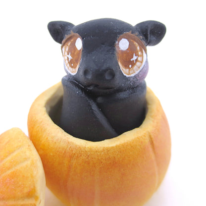 Baby Bat in Pumpkin Figurine - Polymer Clay Fall Animals