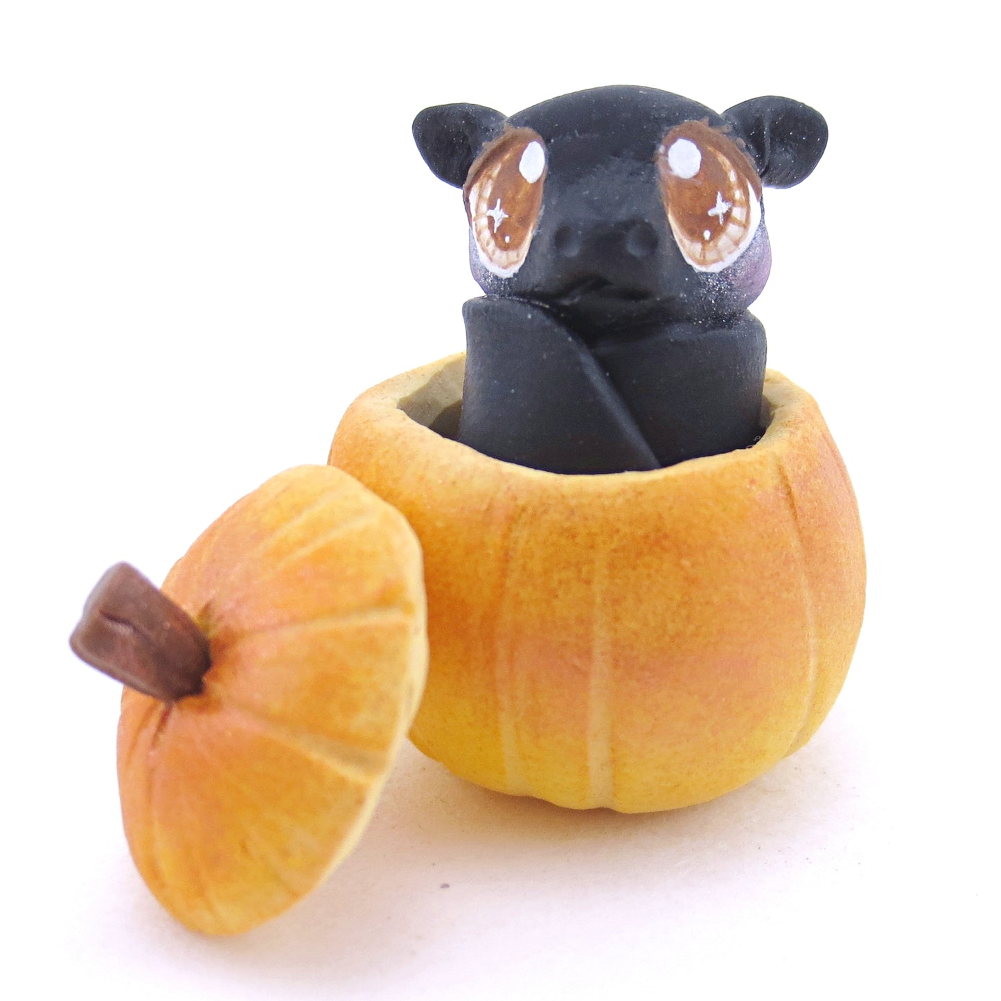 Baby Bat in Pumpkin Figurine - Polymer Clay Fall Animals