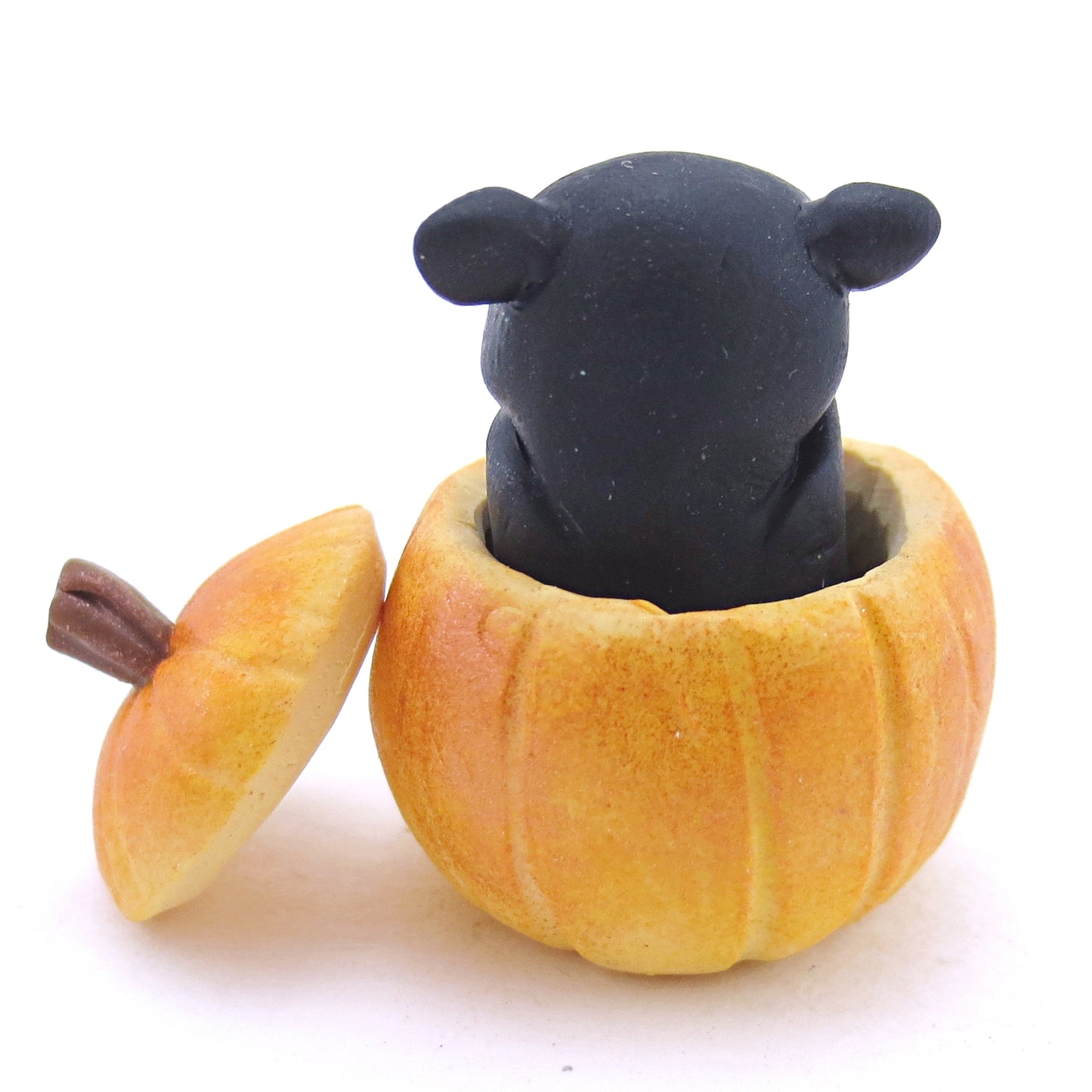 Baby Bat in Pumpkin Figurine - Polymer Clay Fall Animals