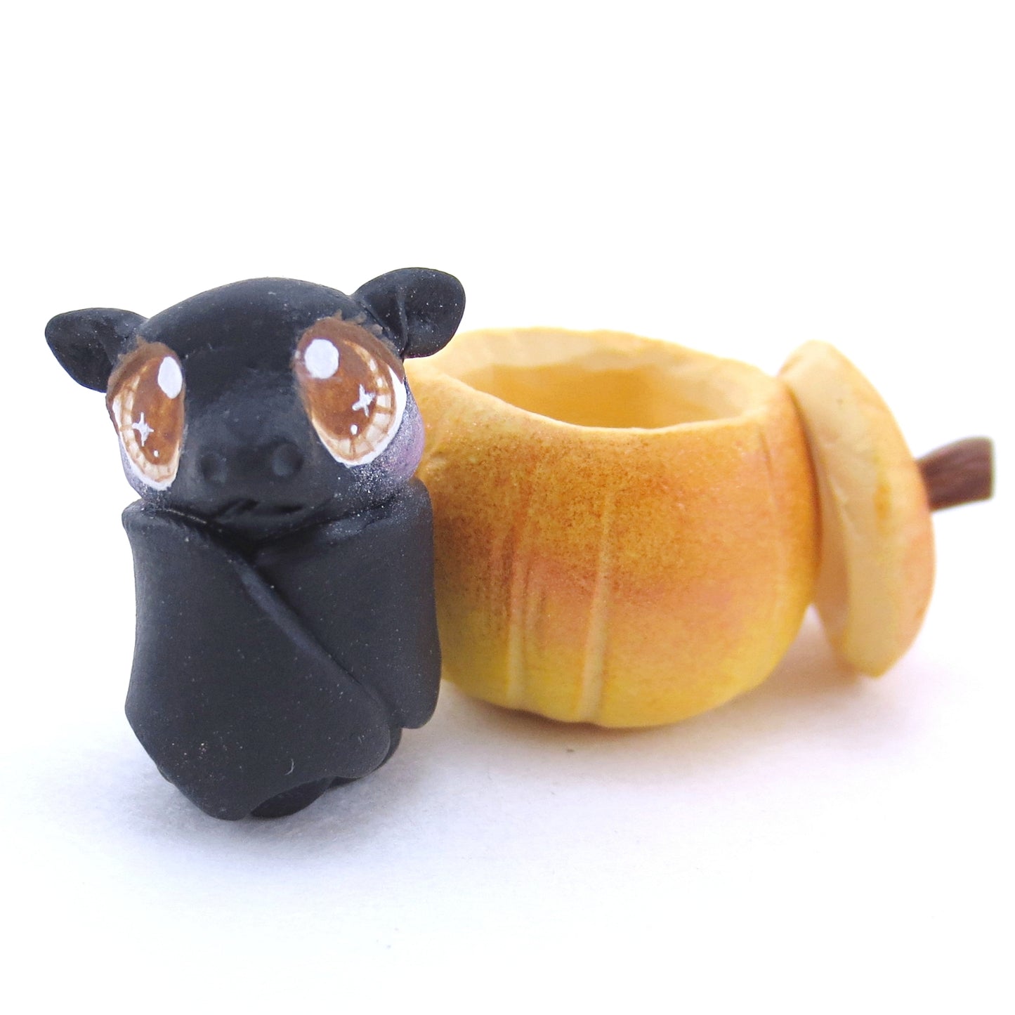 Baby Bat in Pumpkin Figurine - Polymer Clay Fall Animals