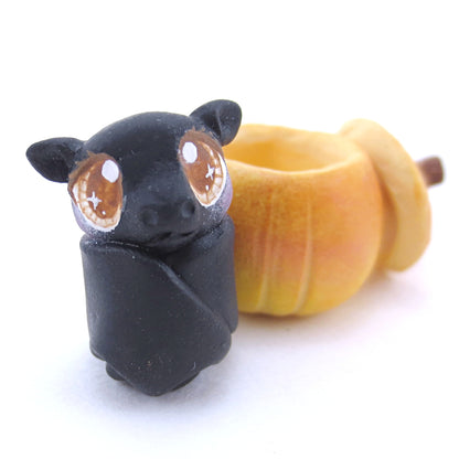 Baby Bat in Pumpkin Figurine - Polymer Clay Fall Animals