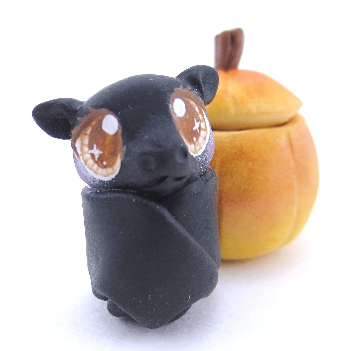 Baby Bat in Pumpkin Figurine - Polymer Clay Fall Animals