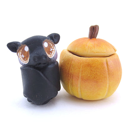 Baby Bat in Pumpkin Figurine - Polymer Clay Fall Animals