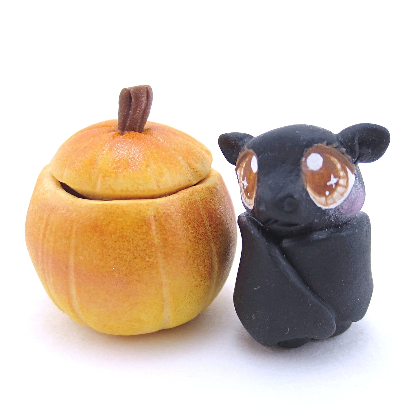 Baby Bat in Pumpkin Figurine - Polymer Clay Fall Animals