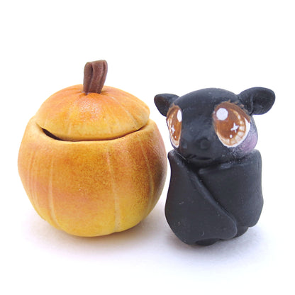 Baby Bat in Pumpkin Figurine - Polymer Clay Fall Animals