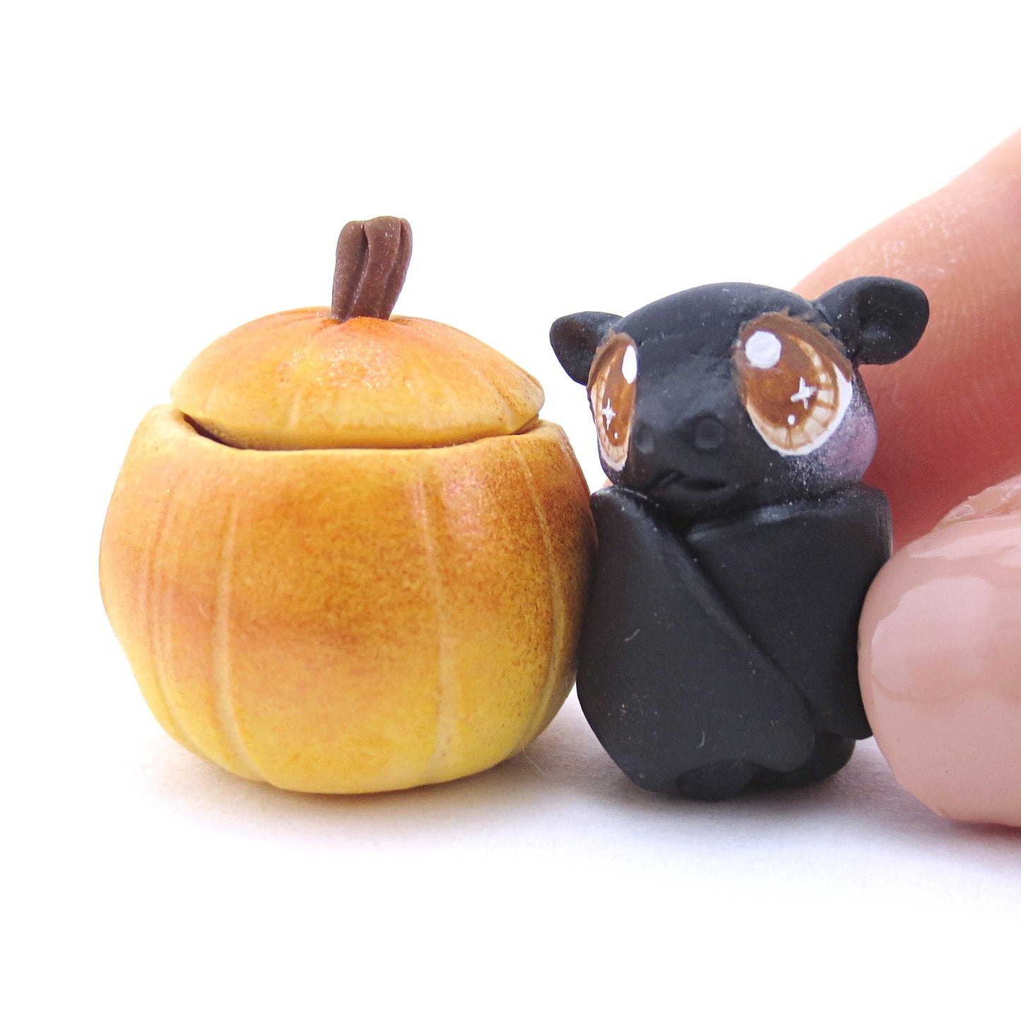 Baby Bat in Pumpkin Figurine - Polymer Clay Fall Animals