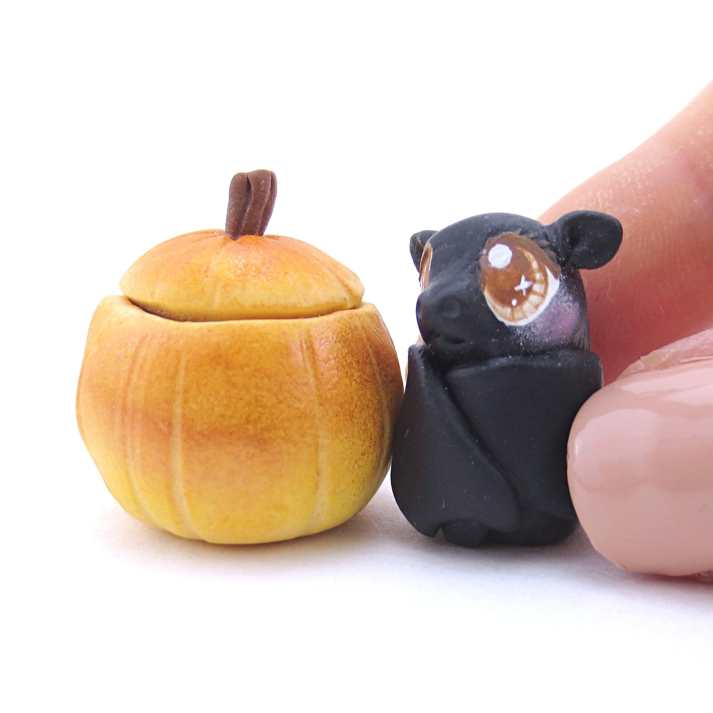 Baby Bat in Pumpkin Figurine - Polymer Clay Fall Animals