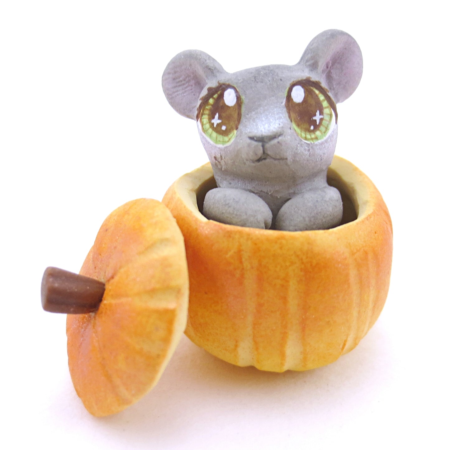 Baby Mouse in Pumpkin Figurine - Polymer Clay Fall Animals