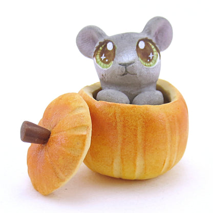 Baby Mouse in Pumpkin Figurine - Polymer Clay Fall Animals